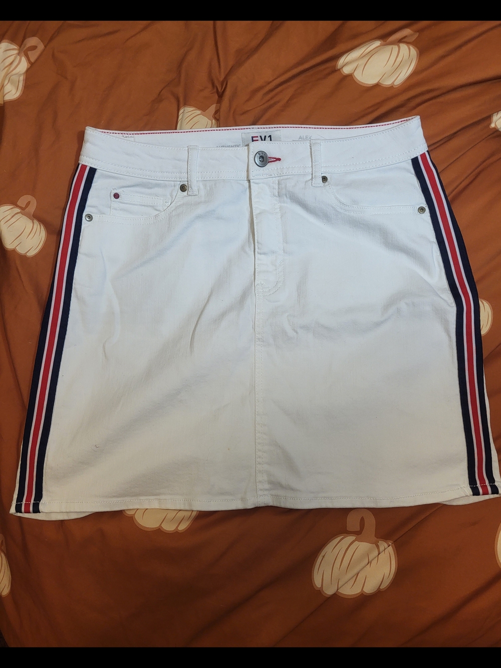 White Denim Skirt with Red & Navy Side Stripes